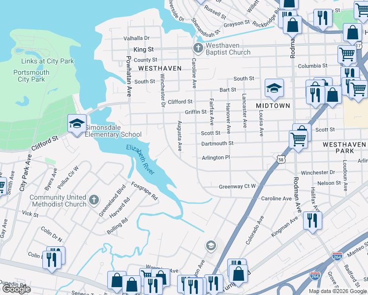 map of restaurants, bars, coffee shops, grocery stores, and more near 1326 Augusta Avenue in Portsmouth