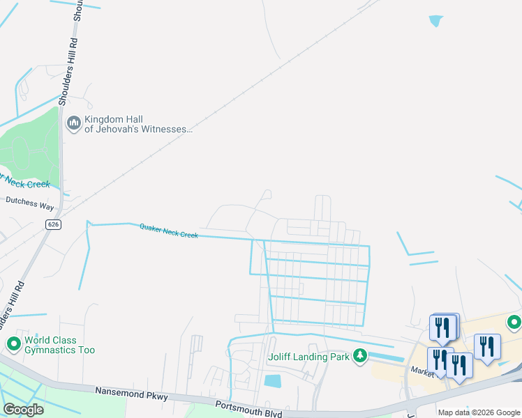 map of restaurants, bars, coffee shops, grocery stores, and more near 2144 Jolliff Road in Chesapeake