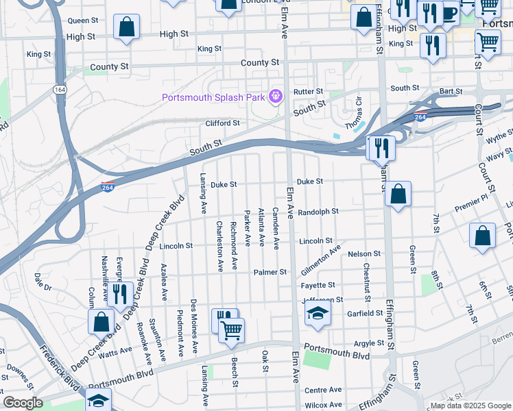 map of restaurants, bars, coffee shops, grocery stores, and more near 1608 Atlanta Avenue in Portsmouth