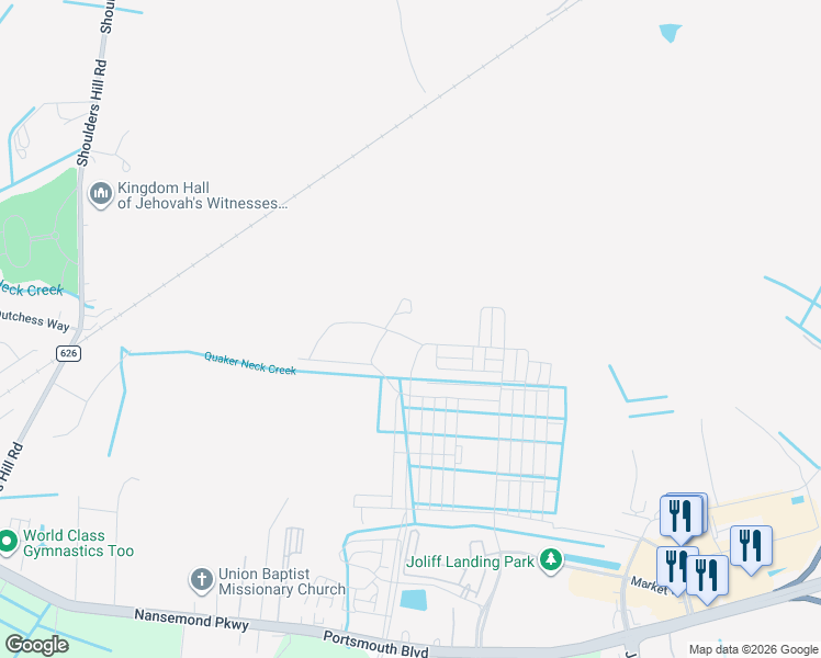 map of restaurants, bars, coffee shops, grocery stores, and more near 2144 Jolliff Road in Chesapeake