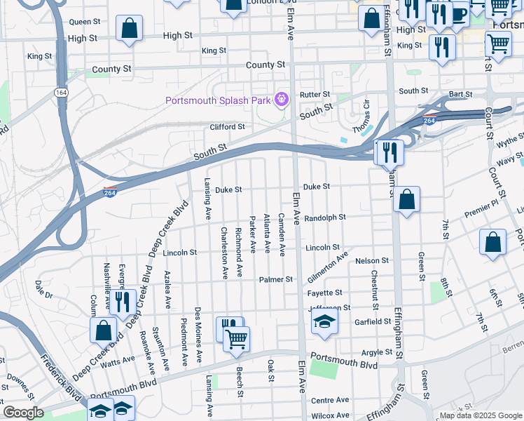 map of restaurants, bars, coffee shops, grocery stores, and more near 1608 Atlanta Avenue in Portsmouth