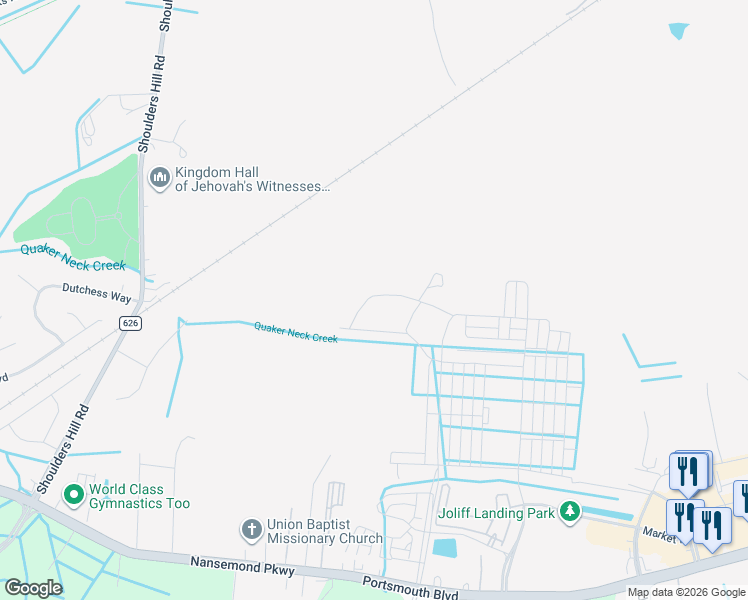 map of restaurants, bars, coffee shops, grocery stores, and more near 5223 Corolla Drive in Suffolk