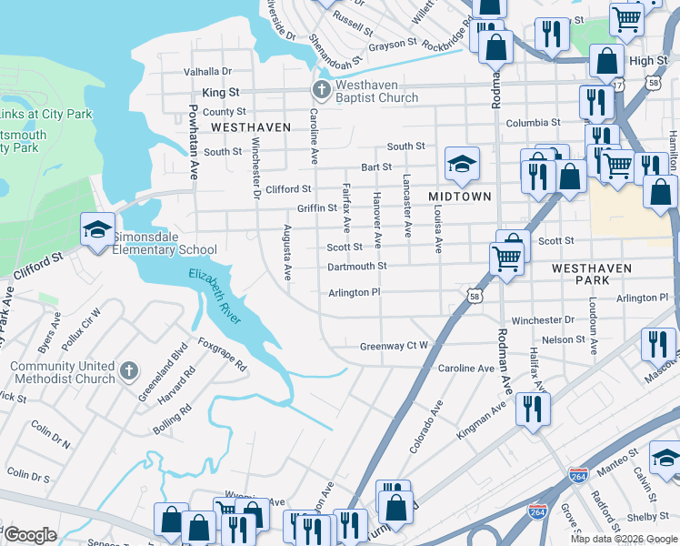 map of restaurants, bars, coffee shops, grocery stores, and more near 4203 Dartmouth Street in Portsmouth