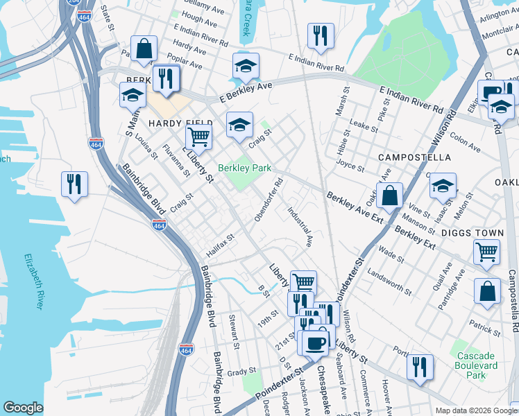 map of restaurants, bars, coffee shops, grocery stores, and more near 1063 Obendorfer Road in Norfolk