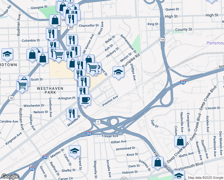 map of restaurants, bars, coffee shops, grocery stores, and more near 2805 Ambler Avenue in Portsmouth