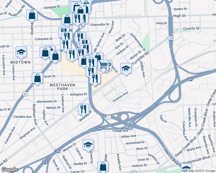 map of restaurants, bars, coffee shops, grocery stores, and more near 2913 Turnpike Road in Portsmouth