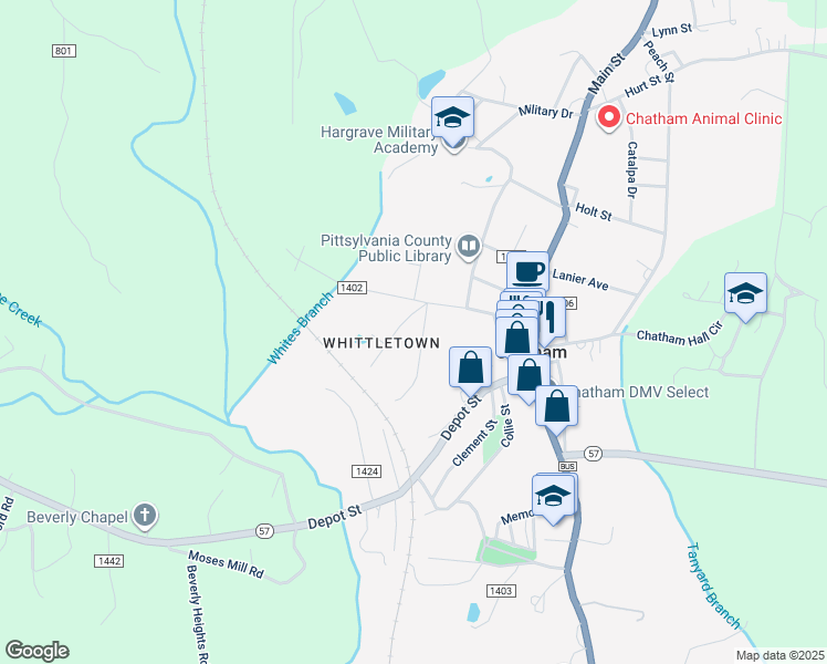 map of restaurants, bars, coffee shops, grocery stores, and more near 215 Whittle Street in Chatham