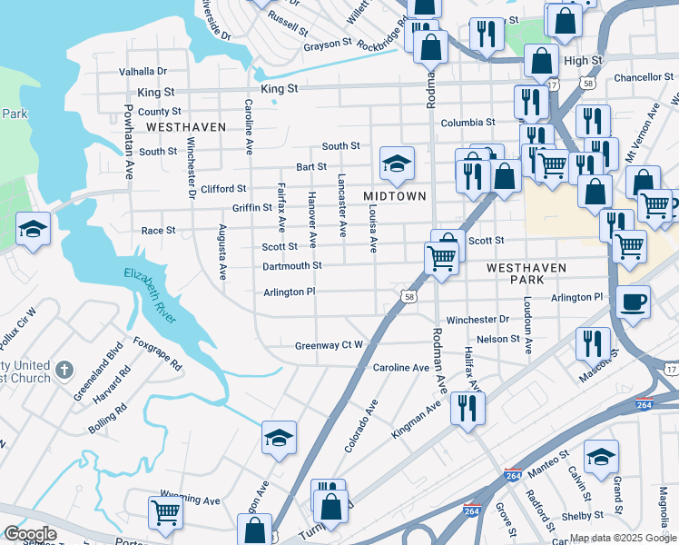 map of restaurants, bars, coffee shops, grocery stores, and more near 3917 Dartmouth Street in Portsmouth