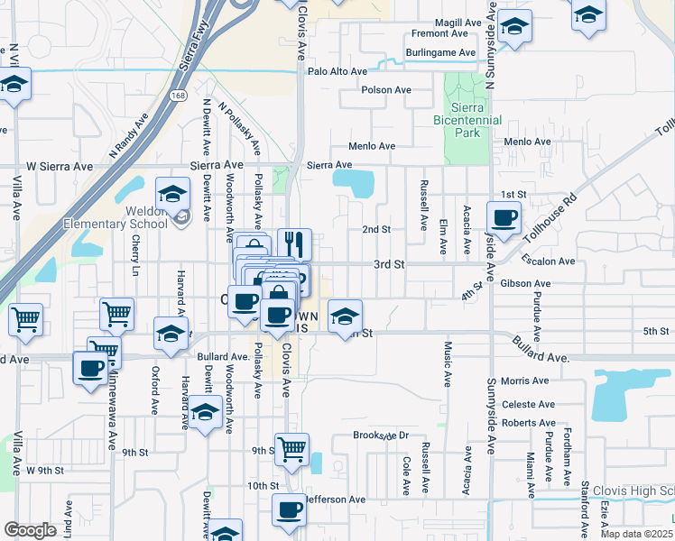 map of restaurants, bars, coffee shops, grocery stores, and more near 830 3rd Street in Clovis