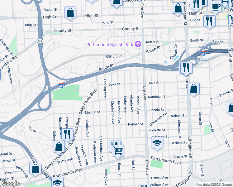 map of restaurants, bars, coffee shops, grocery stores, and more near 1601 Charleston Avenue in Portsmouth