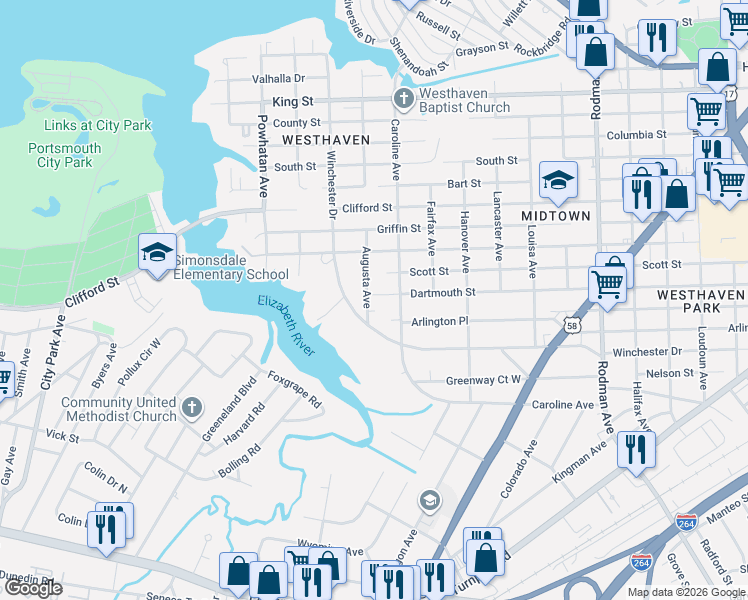 map of restaurants, bars, coffee shops, grocery stores, and more near 1326 Augusta Avenue in Portsmouth