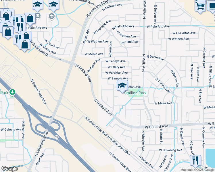 map of restaurants, bars, coffee shops, grocery stores, and more near 5777 West Escalon Avenue in Fresno