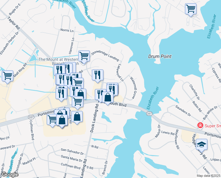 map of restaurants, bars, coffee shops, grocery stores, and more near 4152 Prindle Court in Chesapeake