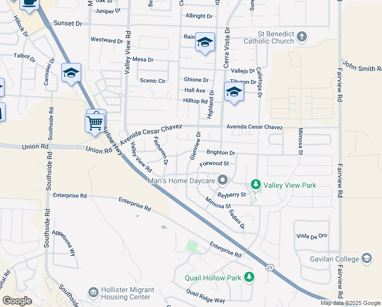 map of restaurants, bars, coffee shops, grocery stores, and more near 1500 Brighton Drive in Hollister