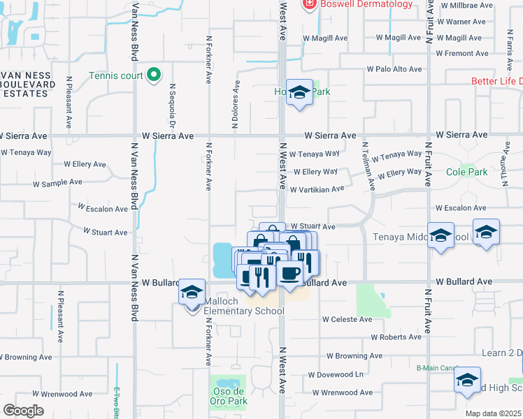 map of restaurants, bars, coffee shops, grocery stores, and more near 6205 North West Avenue in Fresno
