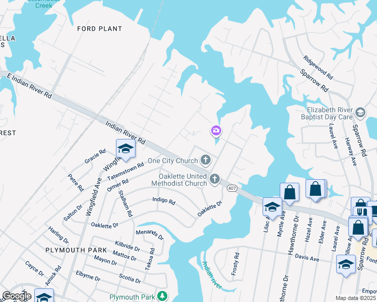 map of restaurants, bars, coffee shops, grocery stores, and more near 1045 Ontario Street in Chesapeake