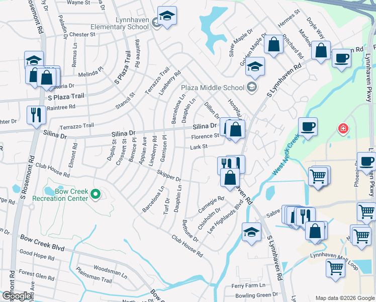 map of restaurants, bars, coffee shops, grocery stores, and more near 3249 Lark Street in Virginia Beach