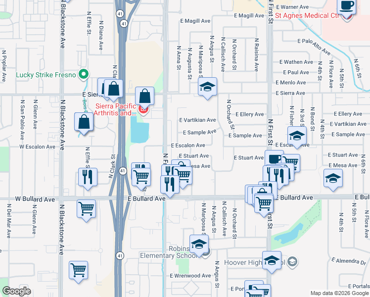 map of restaurants, bars, coffee shops, grocery stores, and more near 473 East Escalon Avenue in Fresno