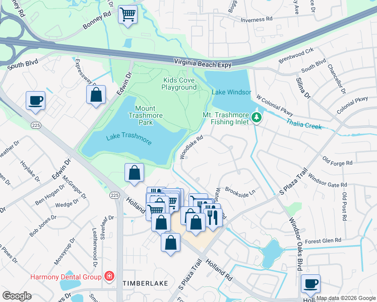 map of restaurants, bars, coffee shops, grocery stores, and more near 491 Smoke Rise Lane in Virginia Beach