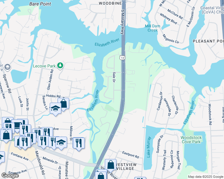 map of restaurants, bars, coffee shops, grocery stores, and more near 3437 Sale Drive in Virginia Beach