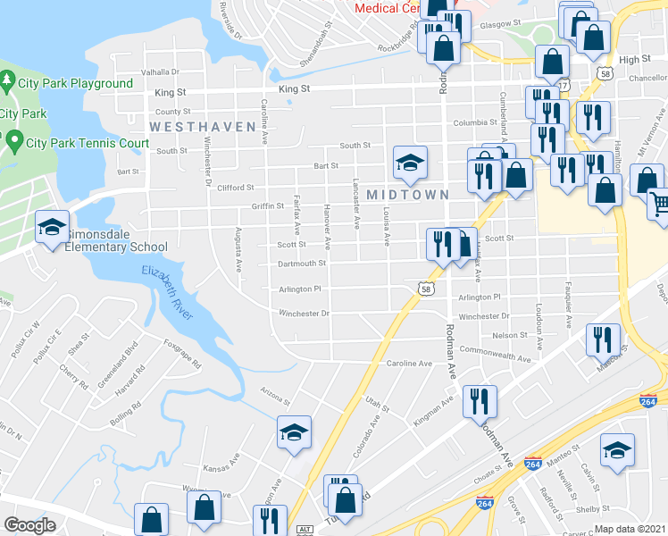 map of restaurants, bars, coffee shops, grocery stores, and more near 4023 Dartmouth Street in Portsmouth