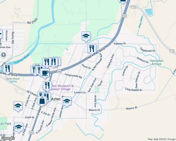 map of restaurants, bars, coffee shops, grocery stores, and more near 508 Pinon Street in Aztec