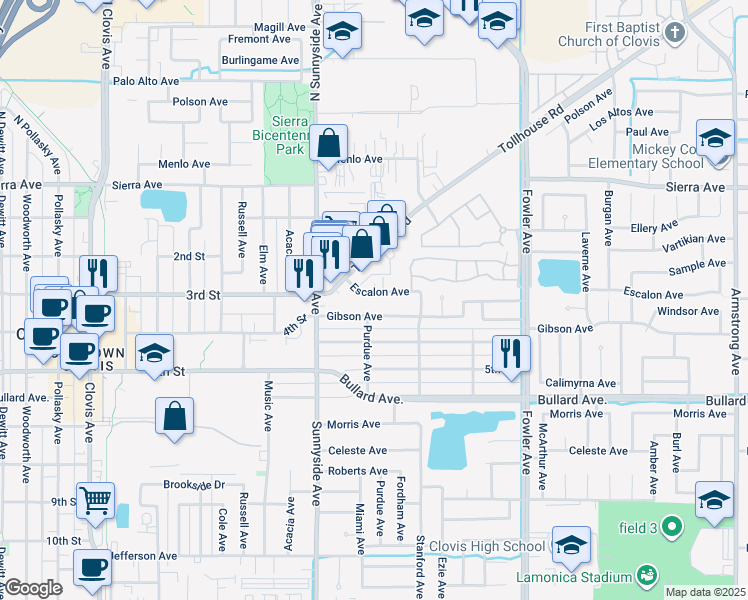 map of restaurants, bars, coffee shops, grocery stores, and more near 1516 Escalon Avenue in Clovis