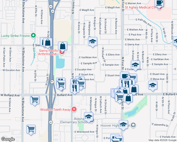 map of restaurants, bars, coffee shops, grocery stores, and more near 553 East Escalon Avenue in Fresno