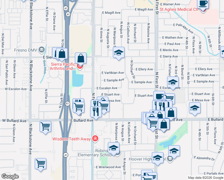 map of restaurants, bars, coffee shops, grocery stores, and more near 553 East Escalon Avenue in Fresno