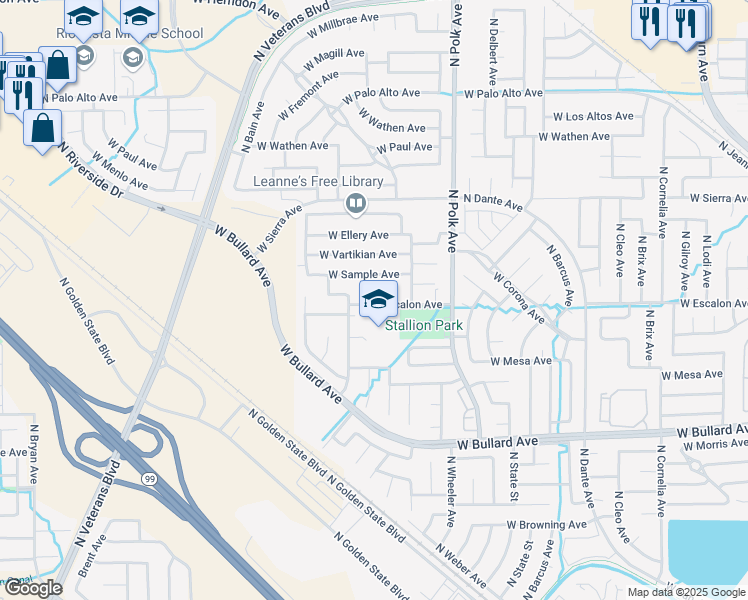 map of restaurants, bars, coffee shops, grocery stores, and more near 5684 West Escalon Avenue in Fresno