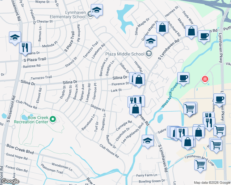 map of restaurants, bars, coffee shops, grocery stores, and more near 3221 Lark Street in Virginia Beach