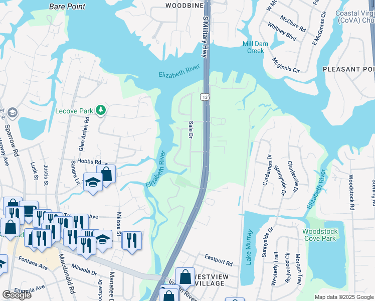 map of restaurants, bars, coffee shops, grocery stores, and more near 3437 Sale Drive in Virginia Beach