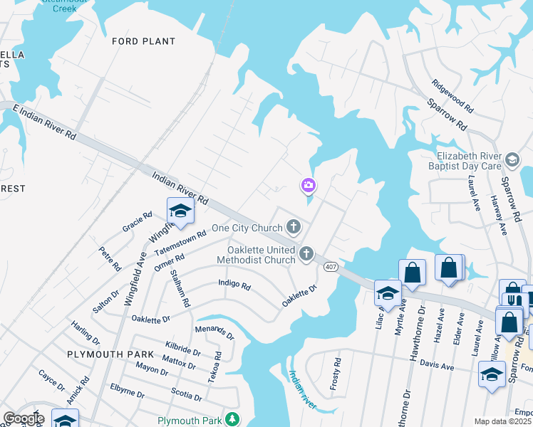 map of restaurants, bars, coffee shops, grocery stores, and more near 1045 Ontario Street in Chesapeake