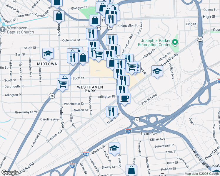 map of restaurants, bars, coffee shops, grocery stores, and more near 3104 Brighton Street in Portsmouth