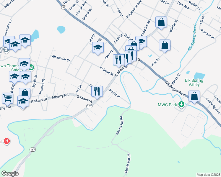 map of restaurants, bars, coffee shops, grocery stores, and more near 205-209 State Highway 1275 in Monticello