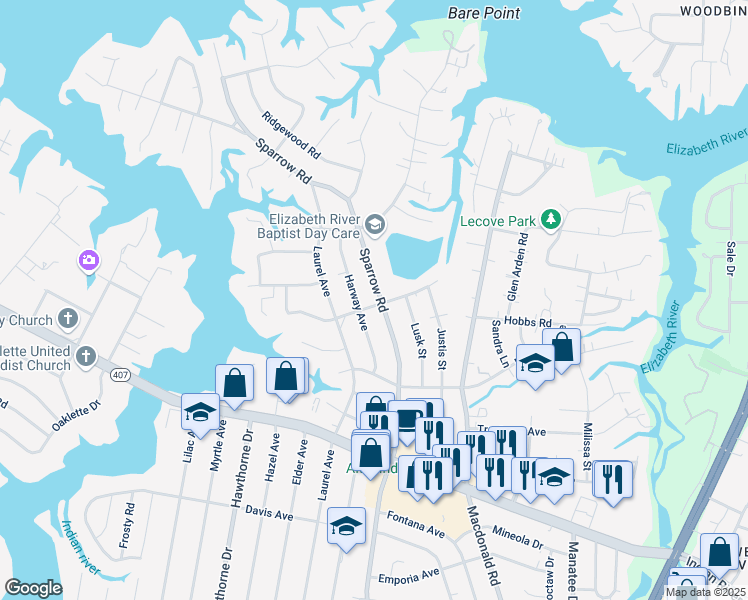 map of restaurants, bars, coffee shops, grocery stores, and more near 620 Sparrow Road in Chesapeake