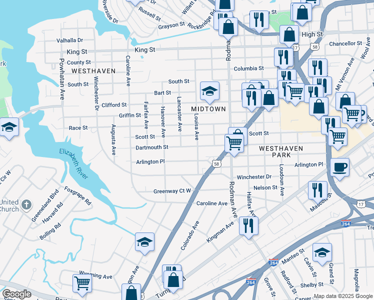 map of restaurants, bars, coffee shops, grocery stores, and more near 3915 Dartmouth Street in Portsmouth