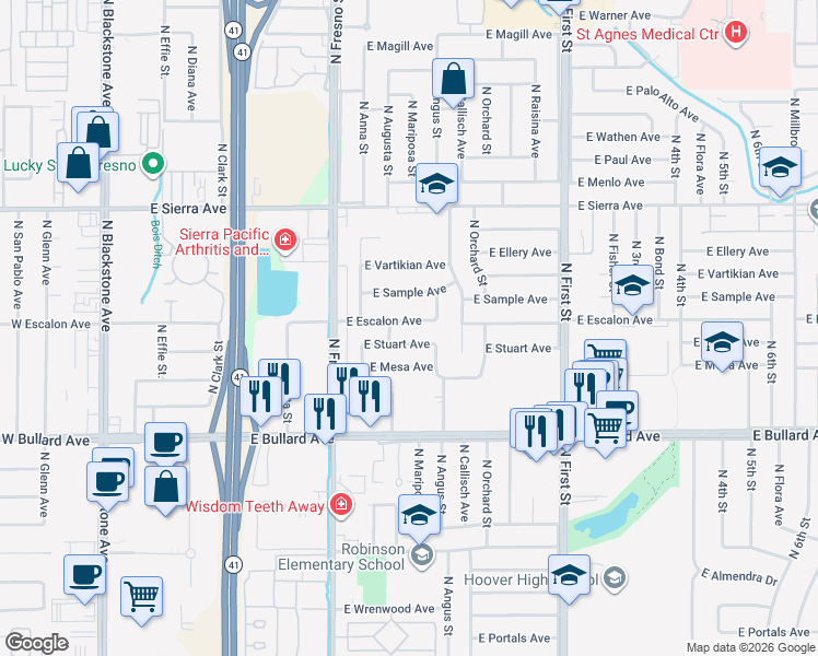 map of restaurants, bars, coffee shops, grocery stores, and more near 553 East Escalon Avenue in Fresno