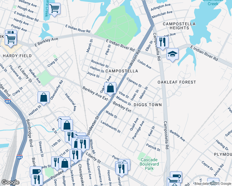 map of restaurants, bars, coffee shops, grocery stores, and more near 1708 U.S. 460 in Norfolk
