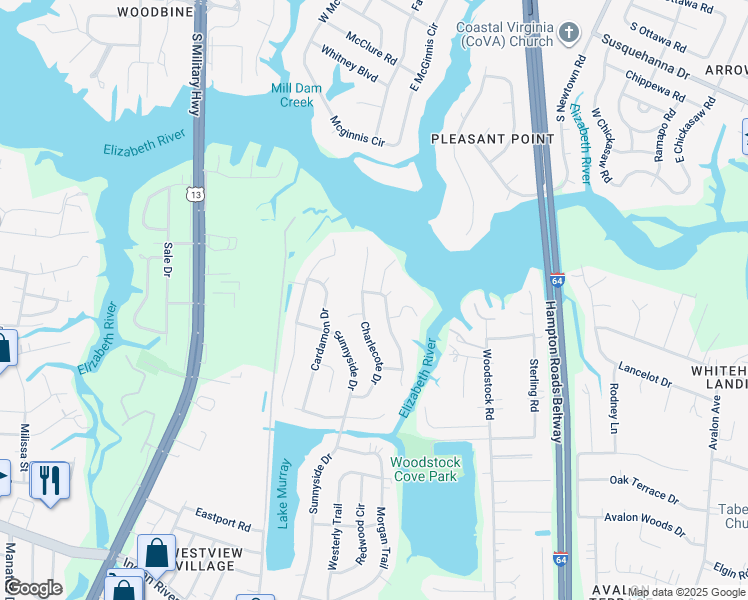 map of restaurants, bars, coffee shops, grocery stores, and more near 605 Copper Kettle Drive in Virginia Beach