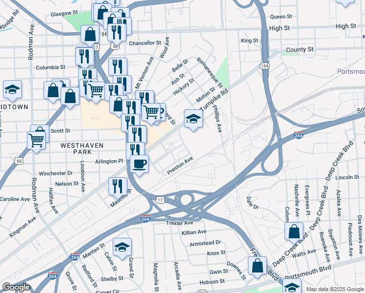 map of restaurants, bars, coffee shops, grocery stores, and more near 2805 Ambler Avenue in Portsmouth