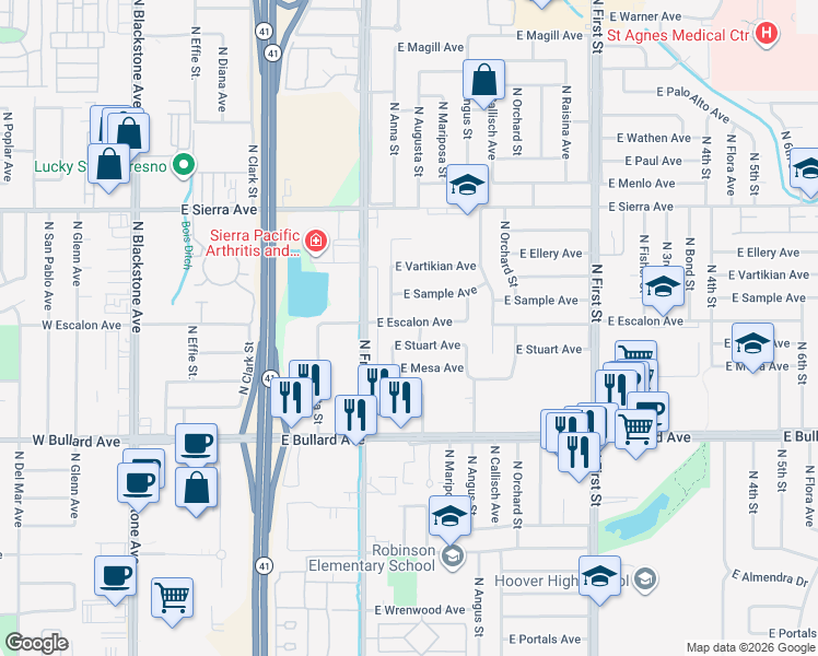 map of restaurants, bars, coffee shops, grocery stores, and more near 473 East Escalon Avenue in Fresno