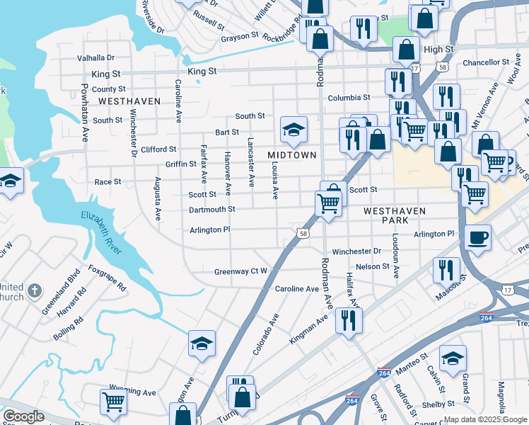 map of restaurants, bars, coffee shops, grocery stores, and more near 3911 Dartmouth Street in Portsmouth
