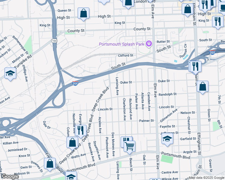 map of restaurants, bars, coffee shops, grocery stores, and more near 1527 Des Moines Avenue in Portsmouth