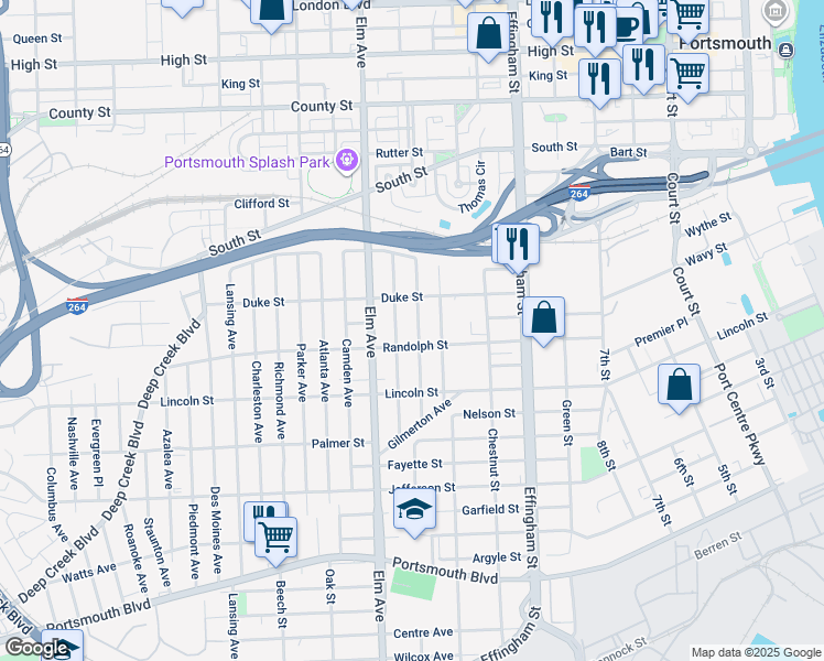 map of restaurants, bars, coffee shops, grocery stores, and more near 1608 Maple Avenue in Portsmouth