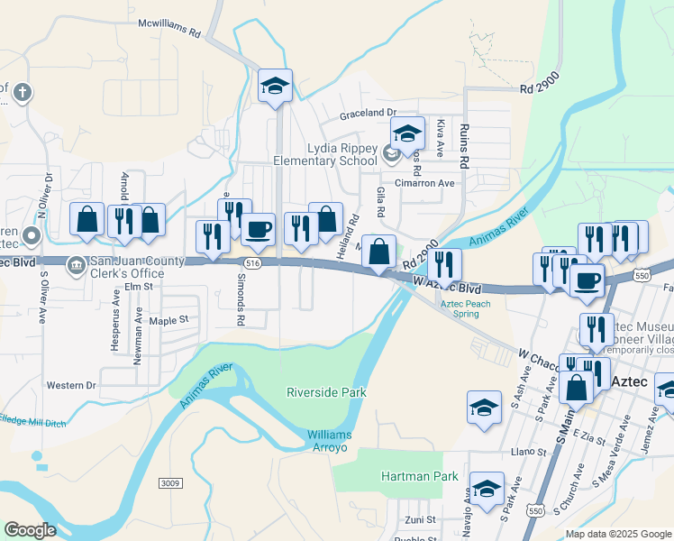 map of restaurants, bars, coffee shops, grocery stores, and more near 1234 Northeast Aztec Boulevard in Aztec
