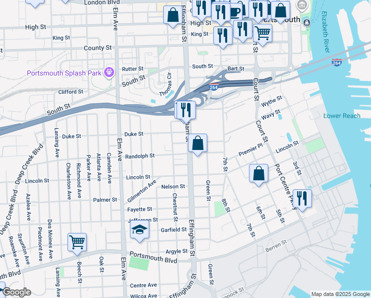 map of restaurants, bars, coffee shops, grocery stores, and more near 1620 Effingham St in Portsmouth