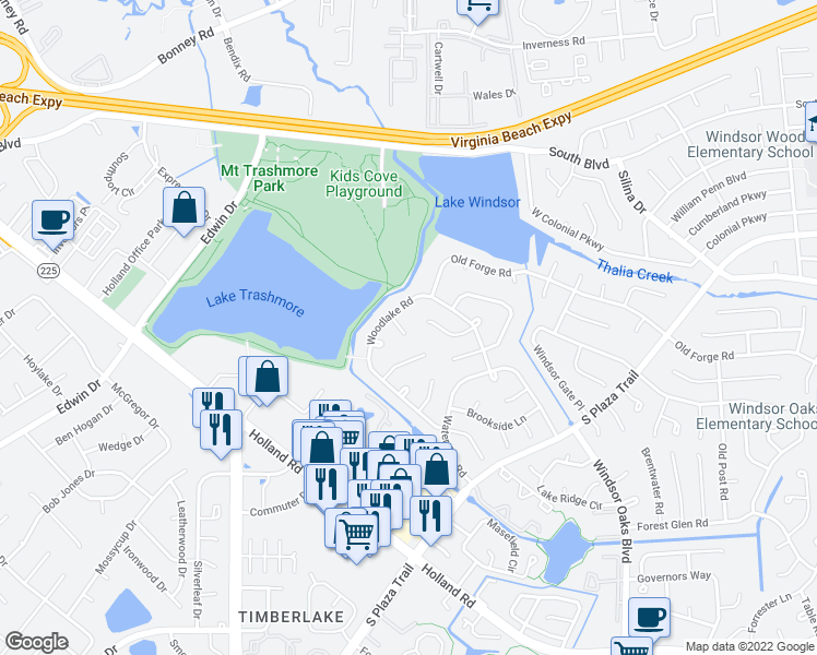 map of restaurants, bars, coffee shops, grocery stores, and more near 490 Smoke Rise Lane in Virginia Beach