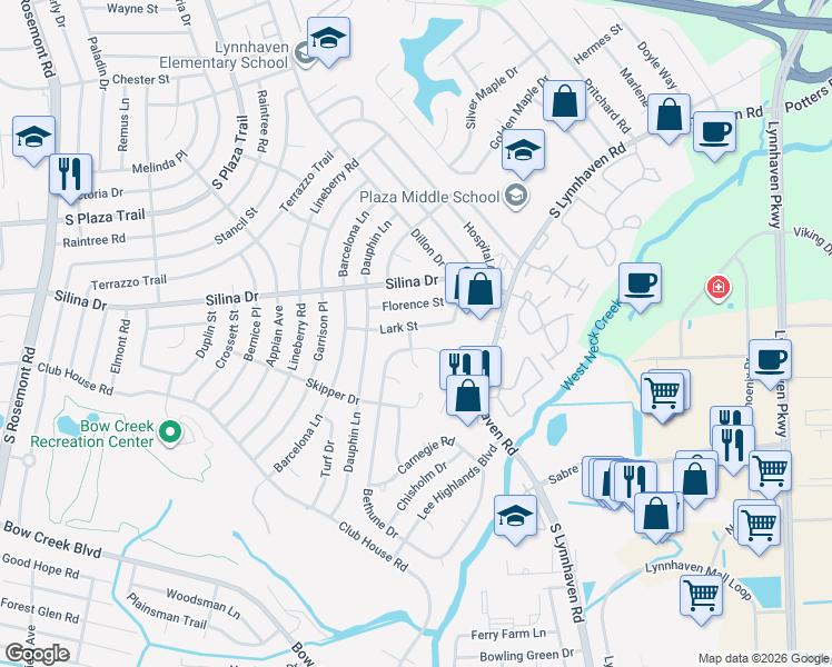 map of restaurants, bars, coffee shops, grocery stores, and more near 3221 Lark Street in Virginia Beach