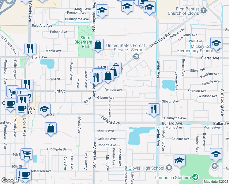 map of restaurants, bars, coffee shops, grocery stores, and more near 1516 Escalon Avenue in Clovis